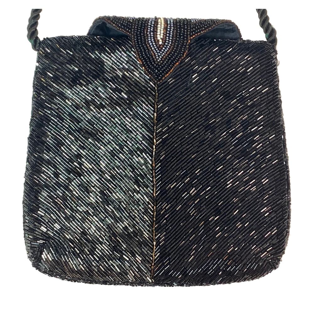 80s Art Deco Style Micheline Burke Black & Copper Beaded Shoulder Bag - Picture 9 of 11